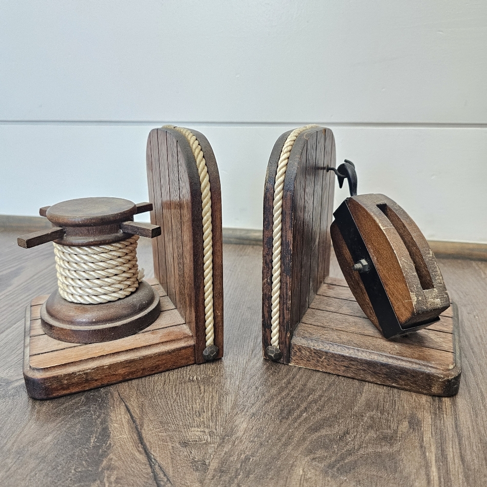 Vintage Nautical Ship Wheel & Pulley Book Ends
